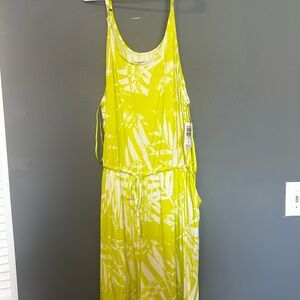 Neon Yellow & White Tropical Print Maxi Dress